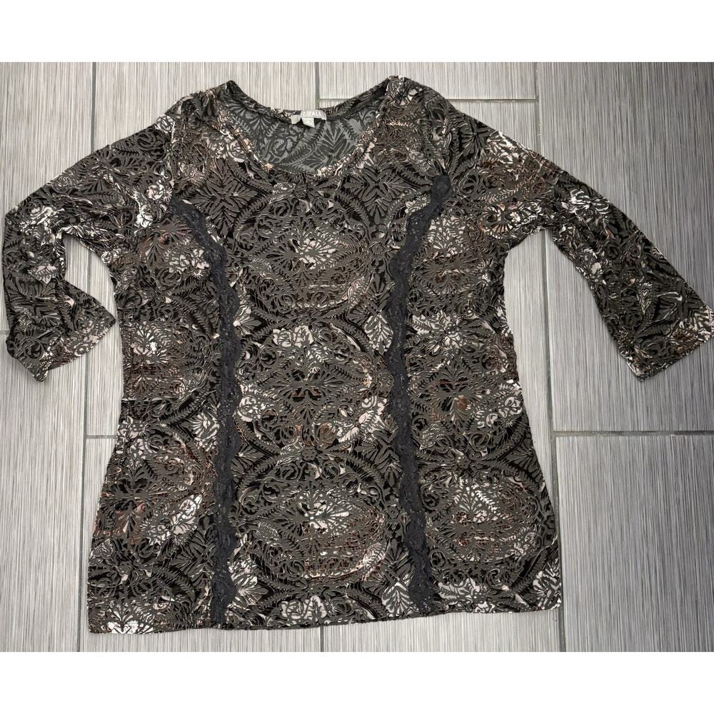 Roz & Ali Women’s Black Velvet Burnout Shirt With Lace Size 1X Whimsigoth Witchy